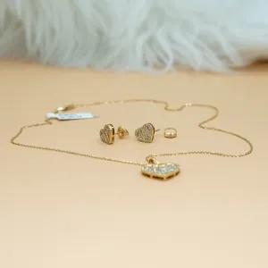 14K Yellow Gold Diamond Heart Jewelry Set Chain/Pend/Earrings / 5.4gr