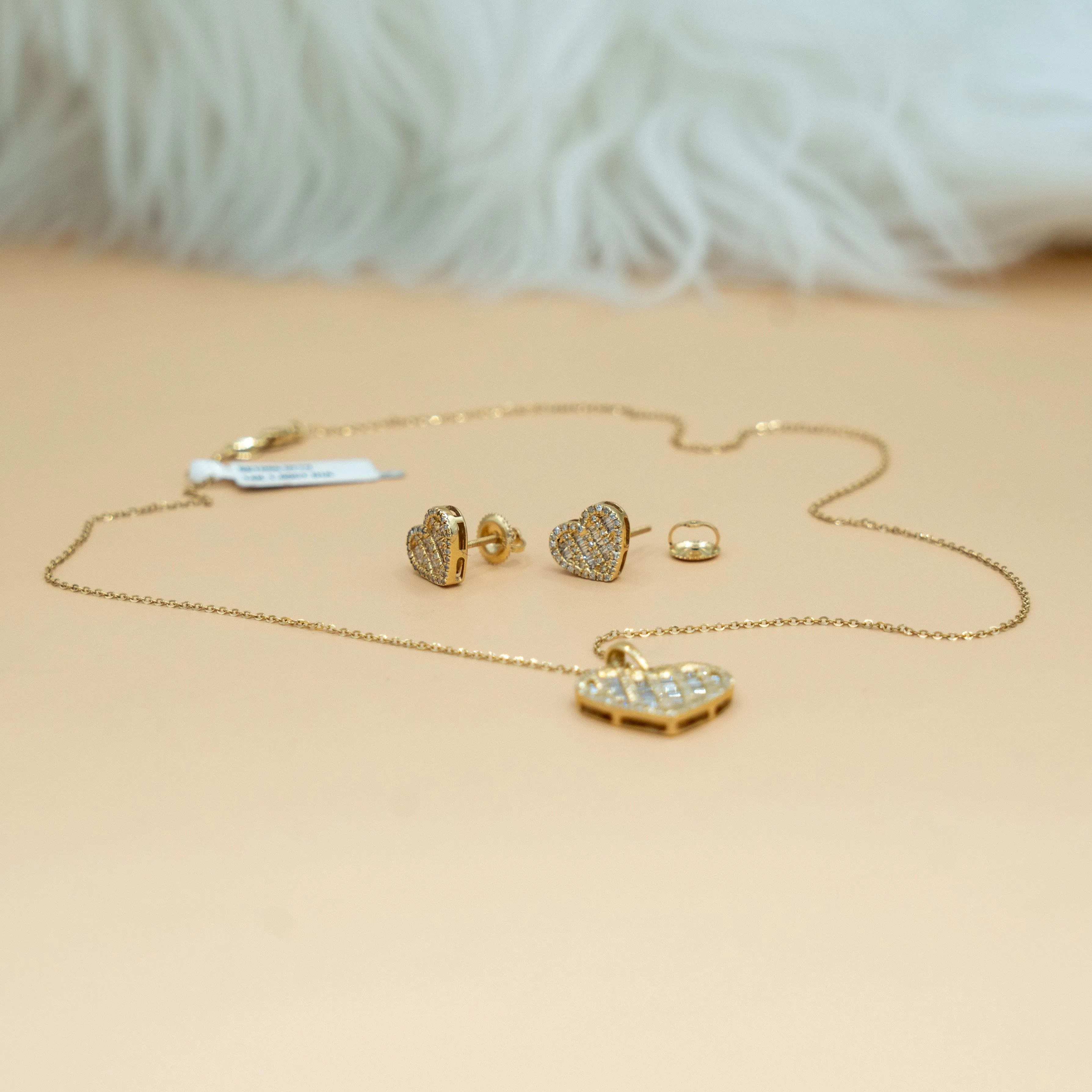 14K Yellow Gold Diamond Heart Jewelry Set Chain/Pend/Earrings / 5.4gr