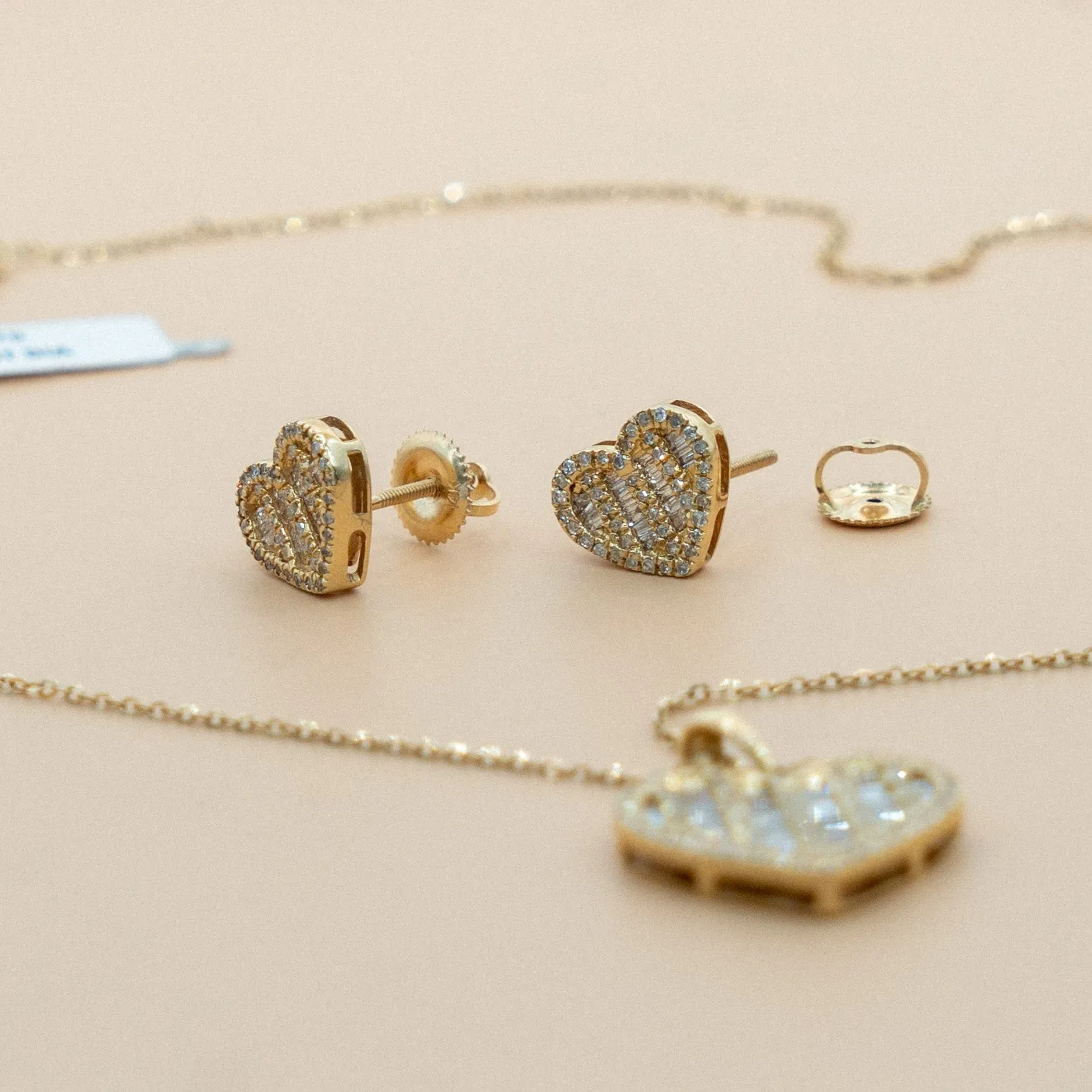 14K Yellow Gold Diamond Heart Jewelry Set Chain/Pend/Earrings / 5.4gr