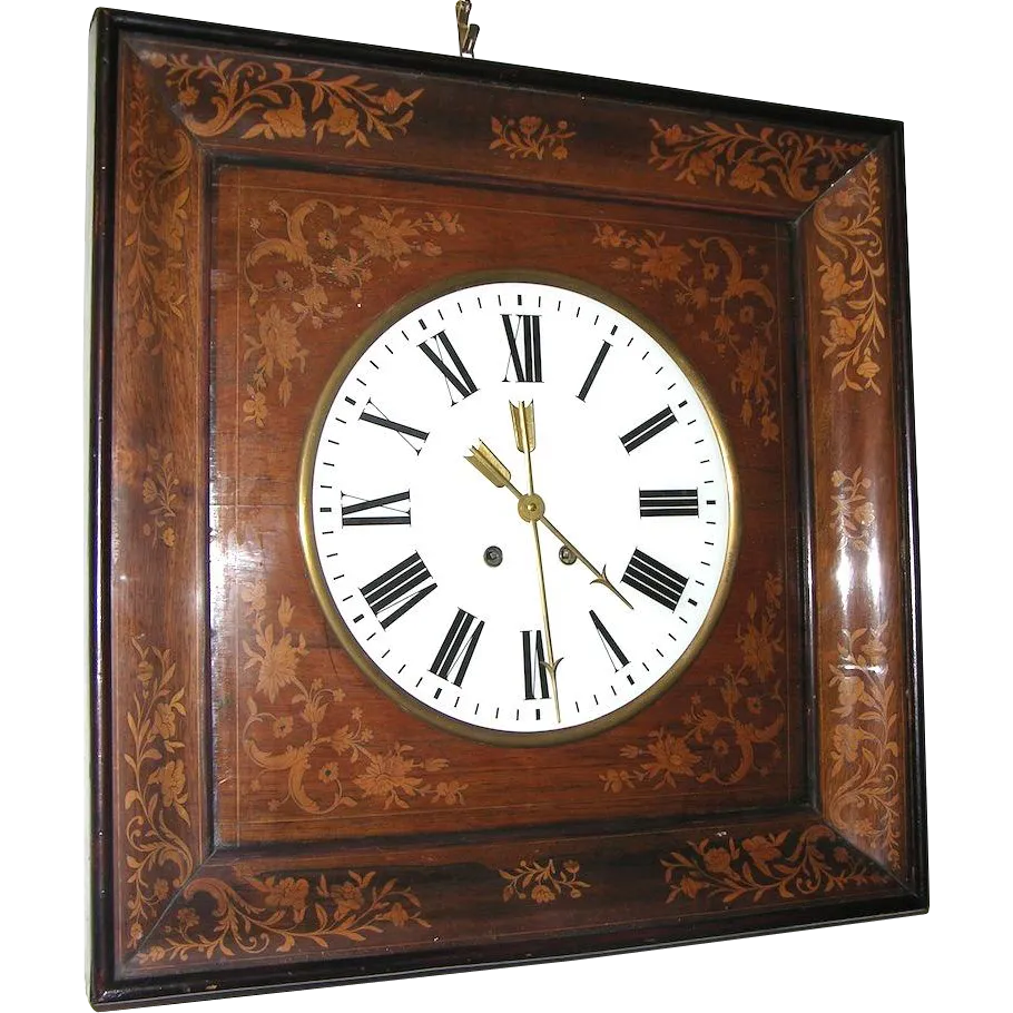 1830s Antique French Charles X Marquetry Inlaid Walnut Wall Clock