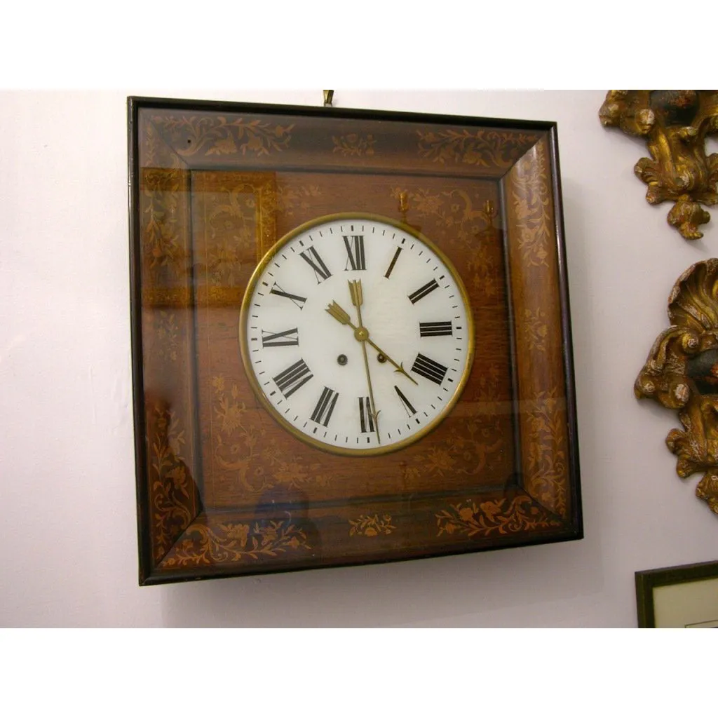 1830s Antique French Charles X Marquetry Inlaid Walnut Wall Clock