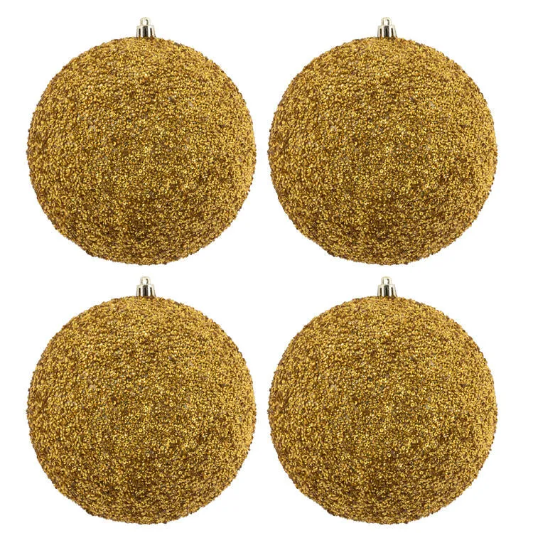 6" Gold Beaded Ball Ornaments with Drilled Caps 4 Per Bag