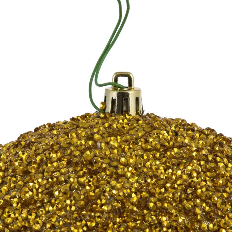 6" Gold Beaded Ball Ornaments with Drilled Caps 4 Per Bag