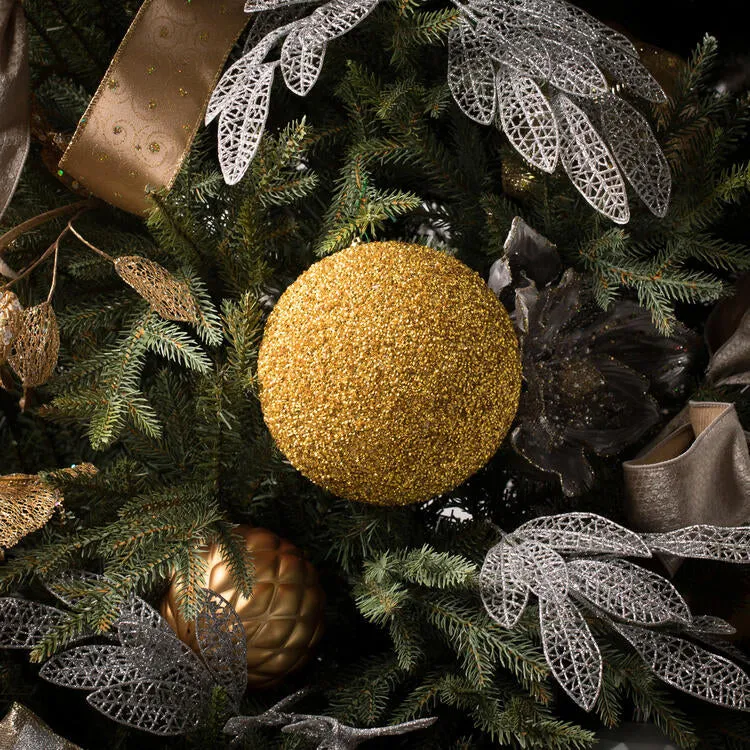 6" Gold Beaded Ball Ornaments with Drilled Caps 4 Per Bag