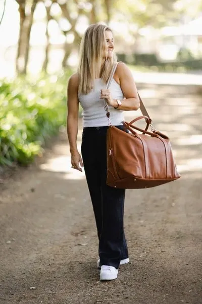 ALEXIS WEEKENDER TRAVEL BAG TAN STRIPE STRAP