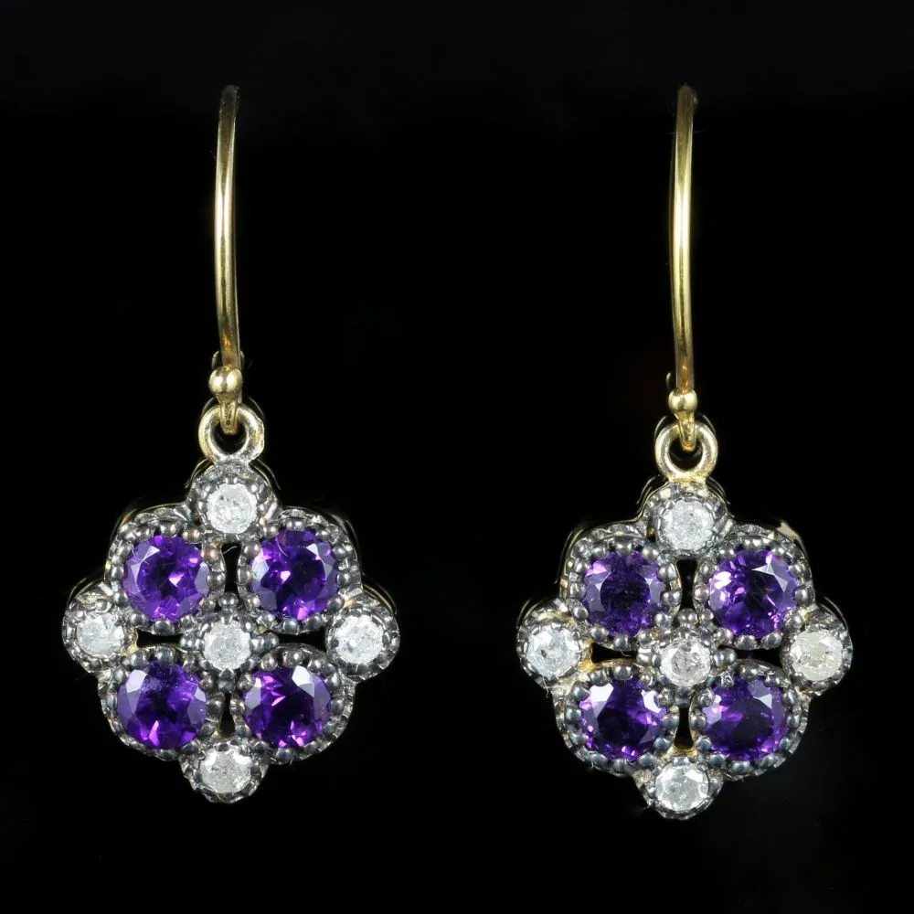 Amethyst Diamond Flower Earrings 9Ct Gold