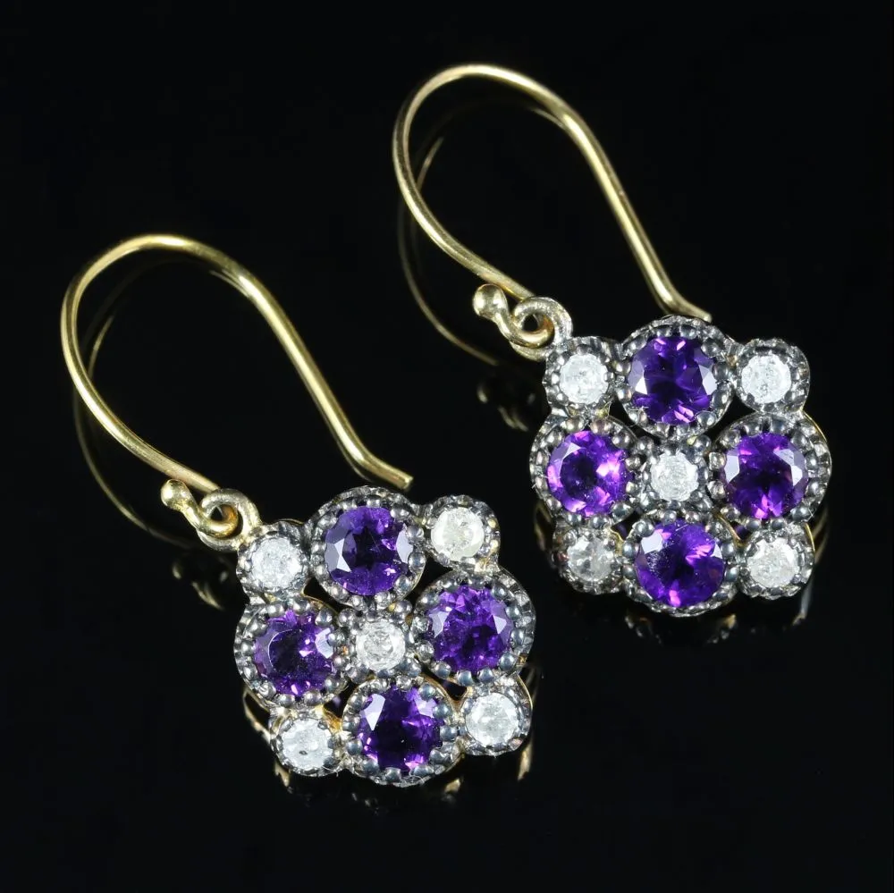 Amethyst Diamond Flower Earrings 9Ct Gold