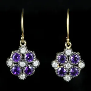 Amethyst Diamond Flower Earrings 9Ct Gold