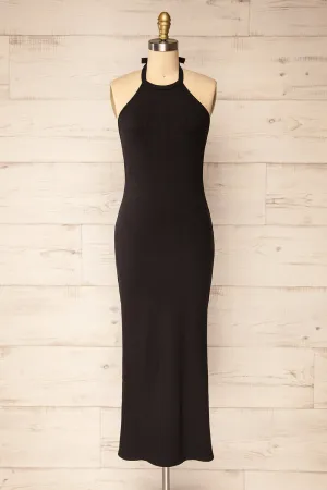 Anikara | Black Ribbed Midi Halter Dress