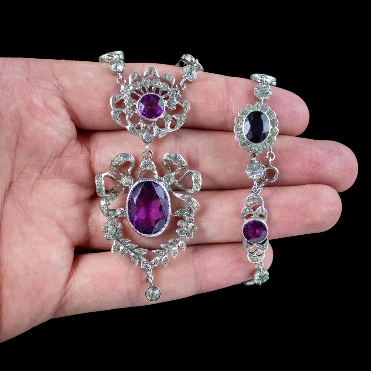 Antique Edwardian Purple Paste Lavaliere Necklace Silver