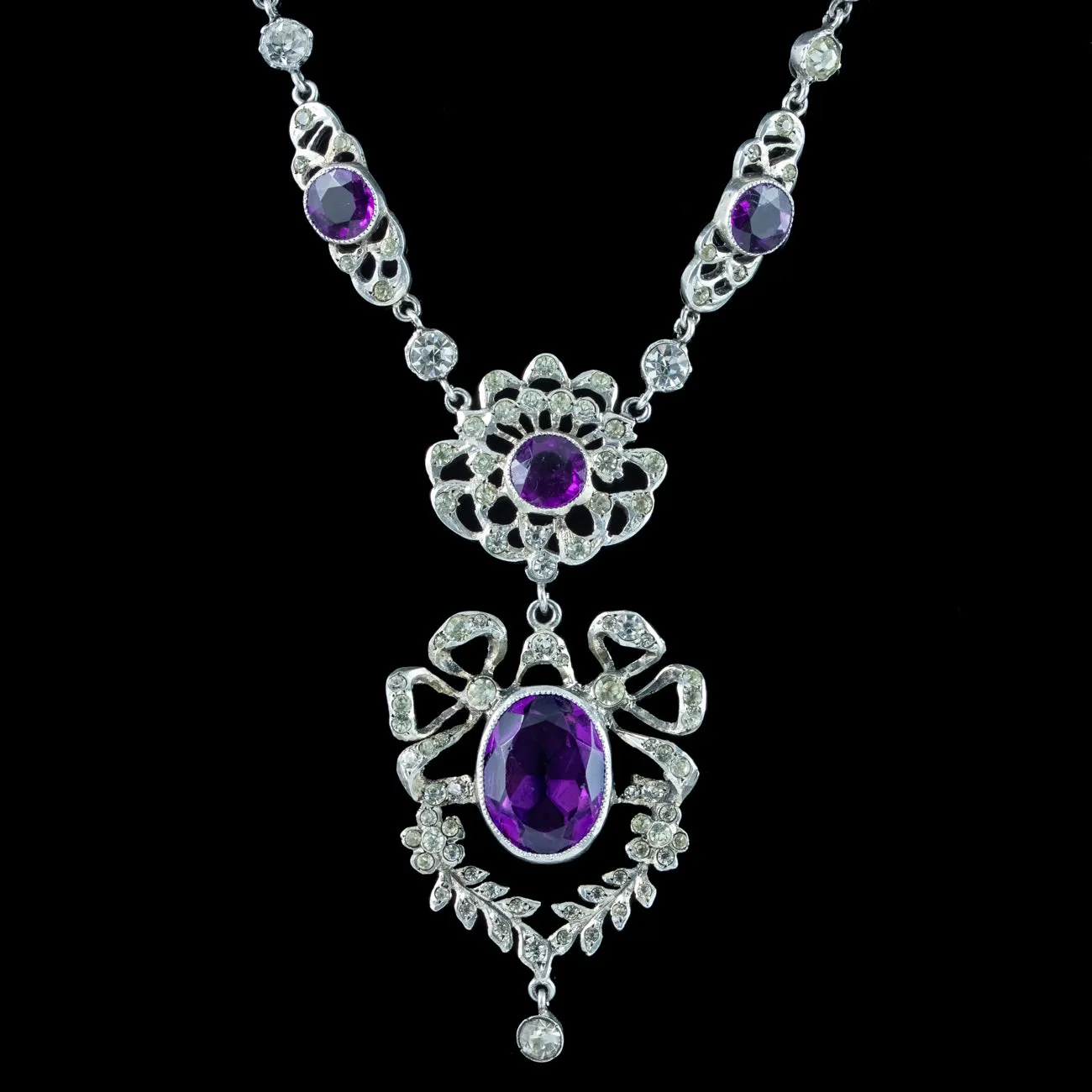 Antique Edwardian Purple Paste Lavaliere Necklace Silver