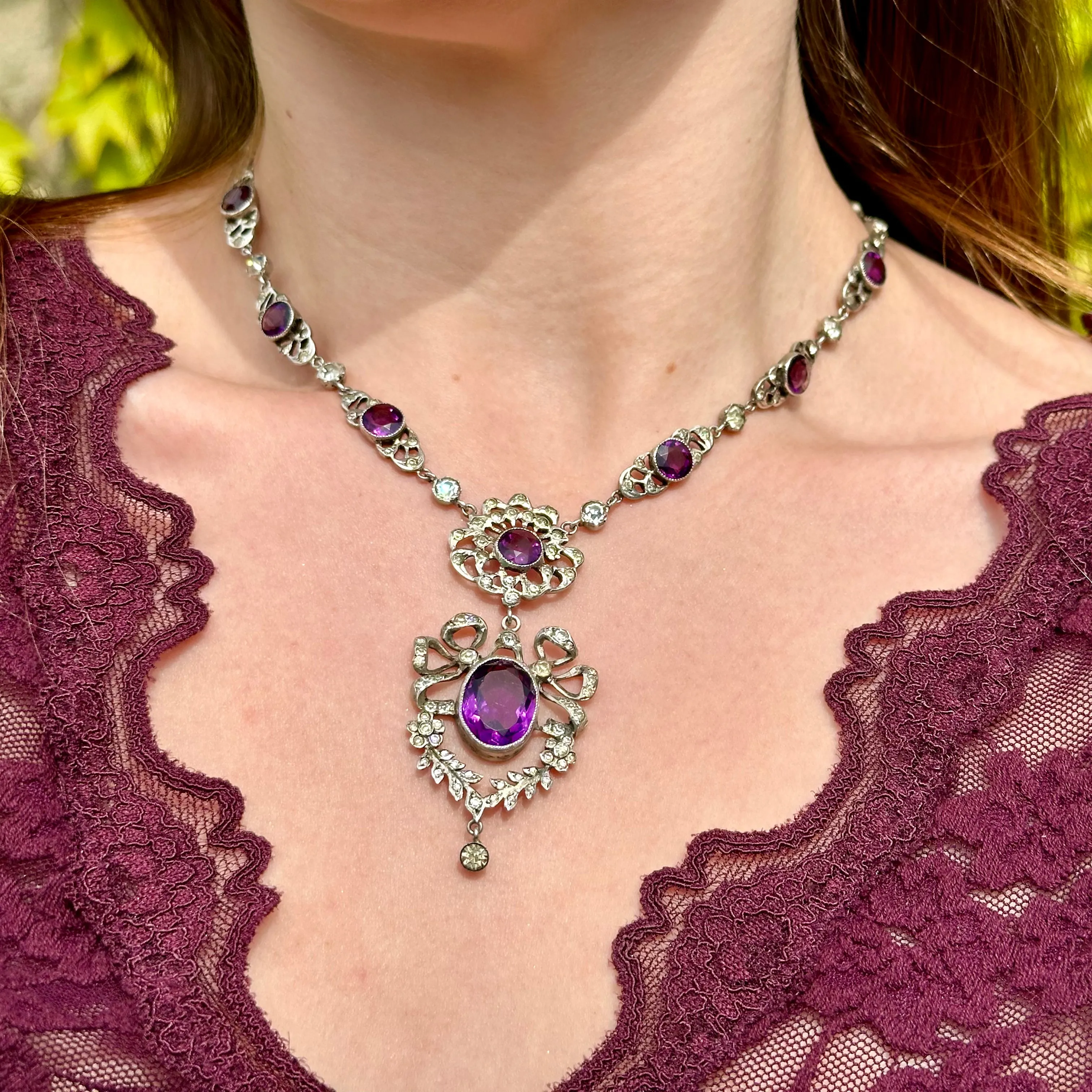 Antique Edwardian Purple Paste Lavaliere Necklace Silver