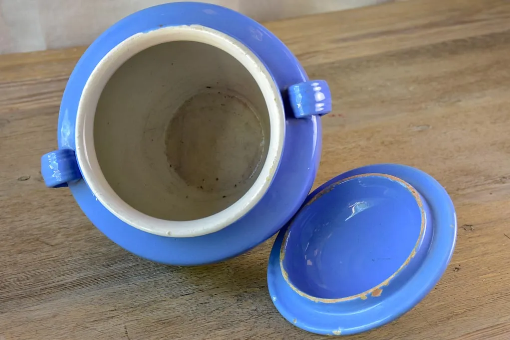 Antique French blue Martres Tolosane confit pot with lid