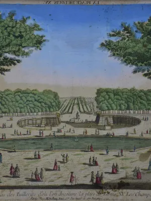 Antique French etching of the Tuileries gardens, Paris 15” x 21”