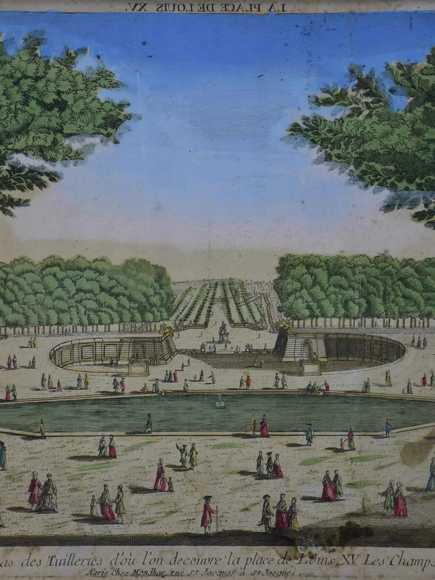 Antique French etching of the Tuileries gardens, Paris 15” x 21”