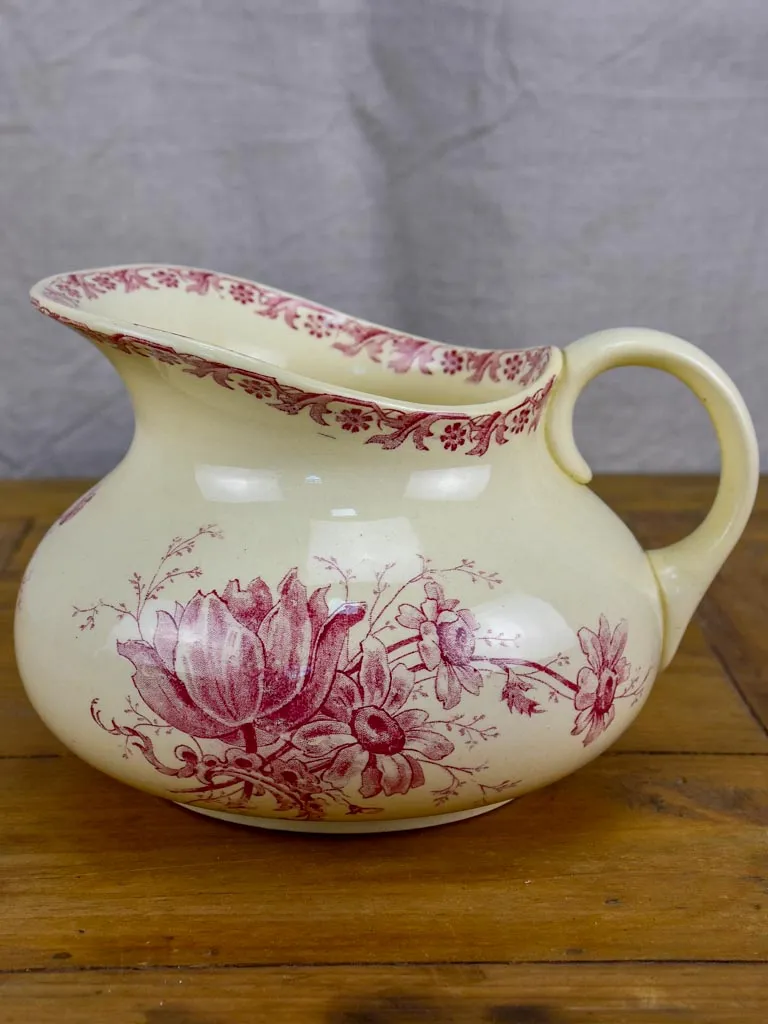 Antique French Sarreguemines pitcher - pink flowers