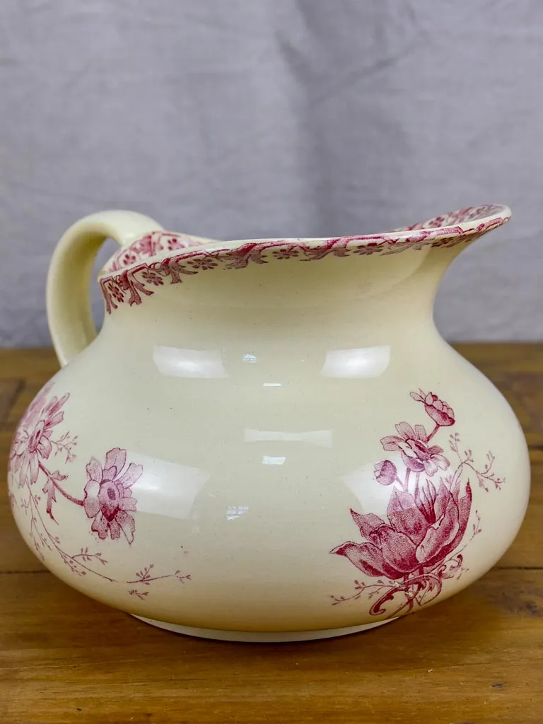 Antique French Sarreguemines pitcher - pink flowers