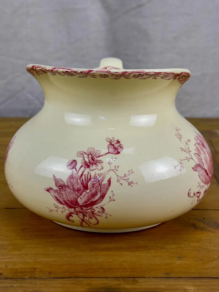 Antique French Sarreguemines pitcher - pink flowers