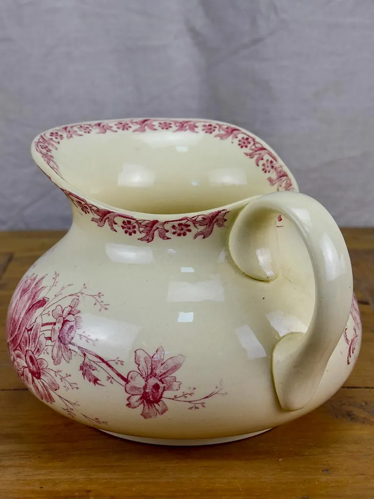 Antique French Sarreguemines pitcher - pink flowers