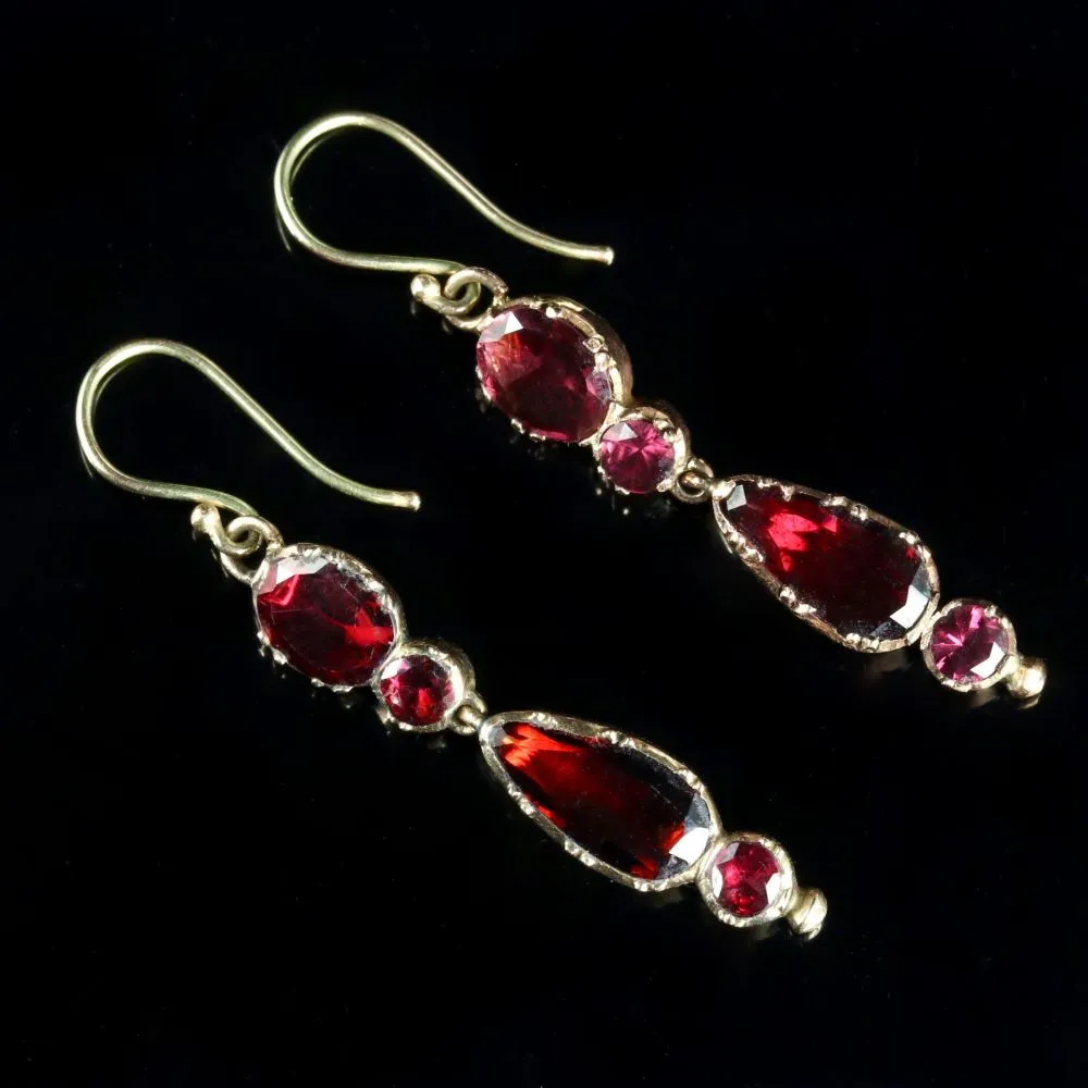 Antique Georgian Flat Cut Garnet Earrings 18Ct Gold Circa 1770