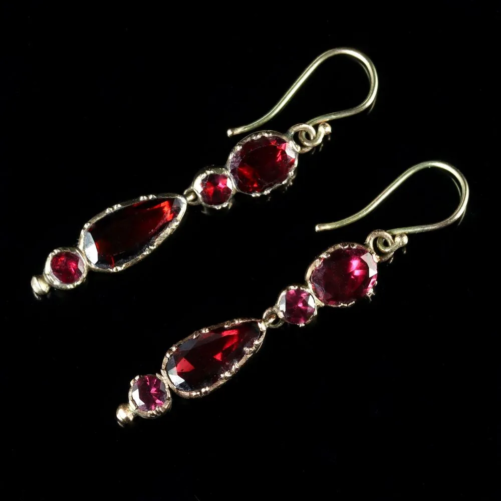 Antique Georgian Flat Cut Garnet Earrings 18Ct Gold Circa 1770
