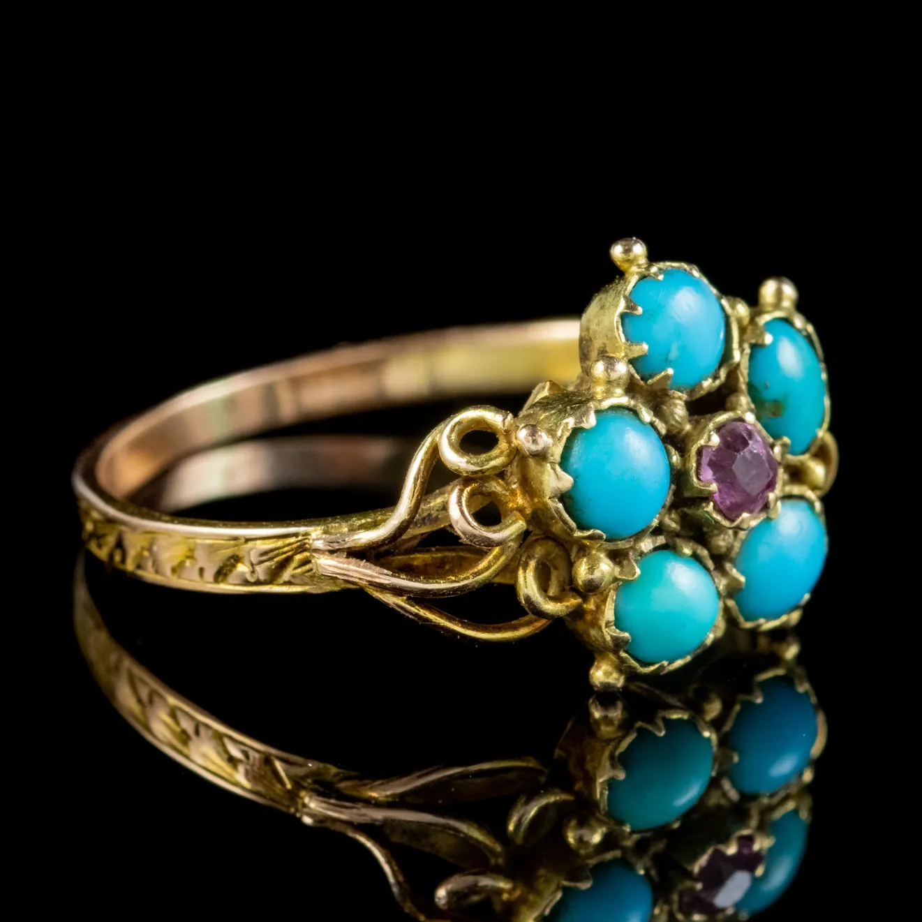 Antique Georgian Forget Me Not Turquoise Ruby Ring Circa 1800