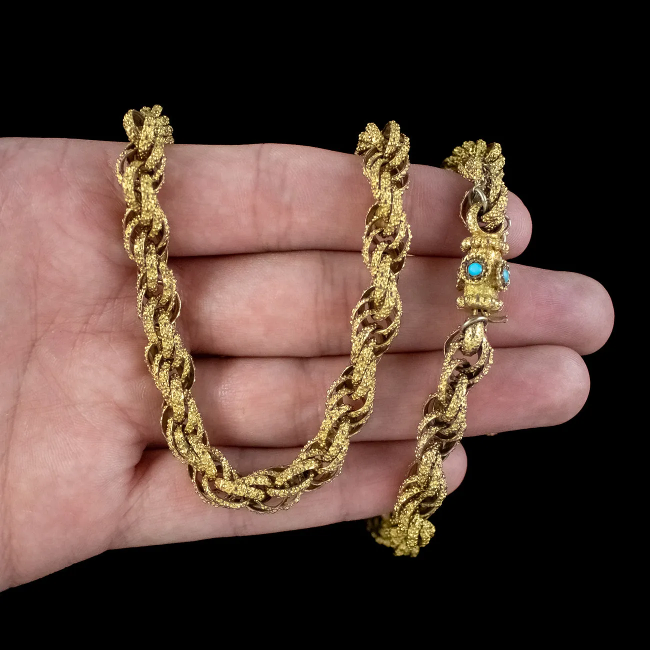Antique Georgian Long Pinchbeck Rope Chain Turquoise Clasp