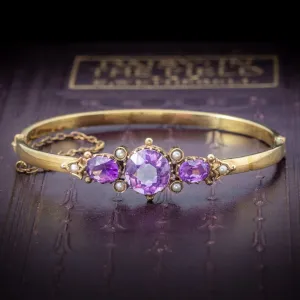 Antique Victorian Amethyst Pearl Bangle 9Ct Gold Circa 1900