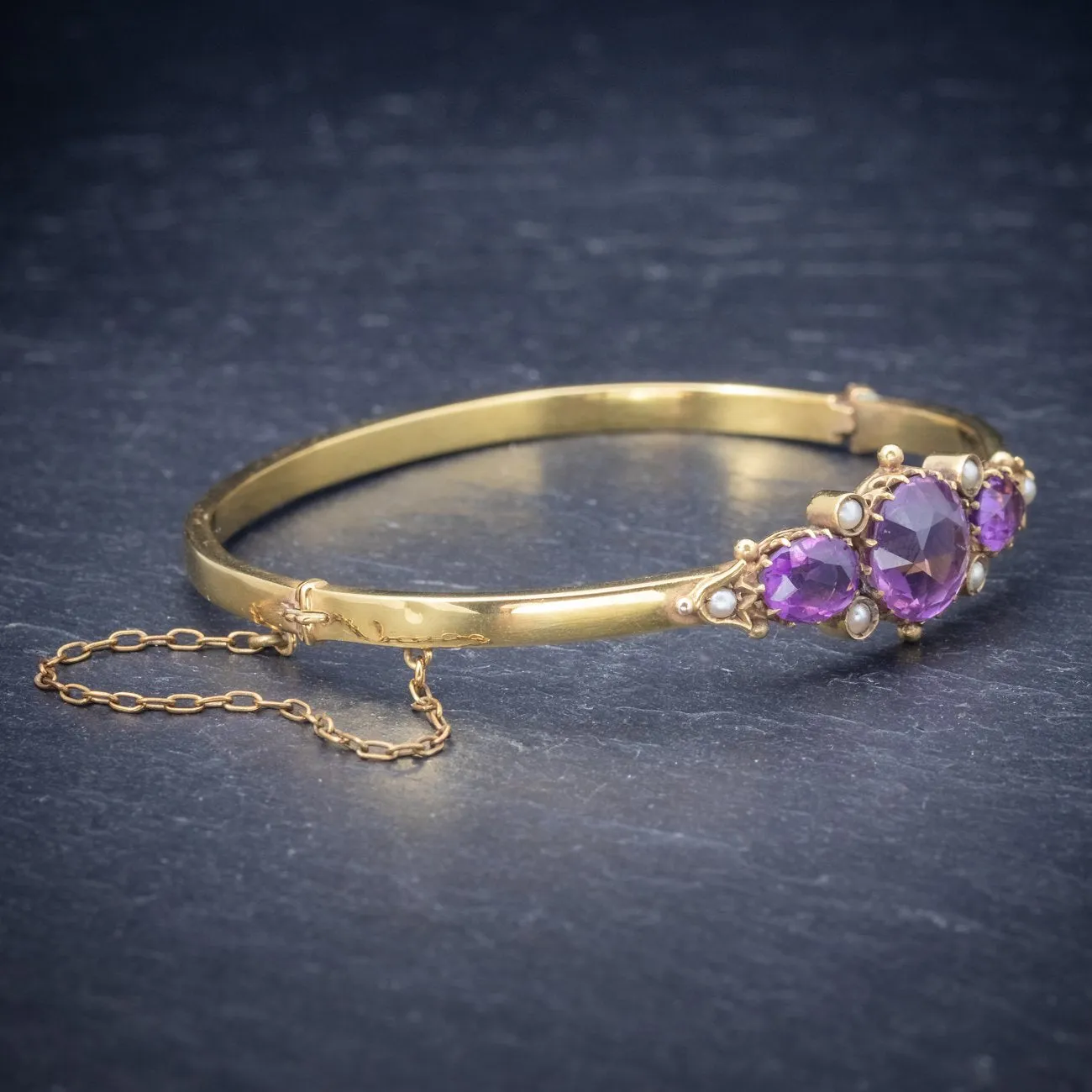 Antique Victorian Amethyst Pearl Bangle 9Ct Gold Circa 1900