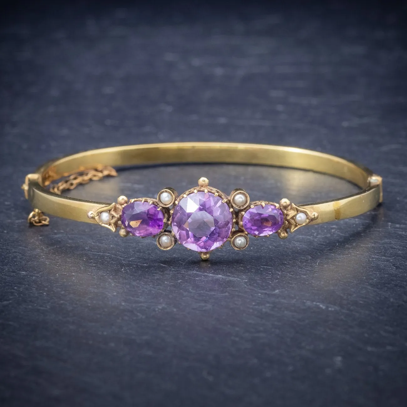 Antique Victorian Amethyst Pearl Bangle 9Ct Gold Circa 1900