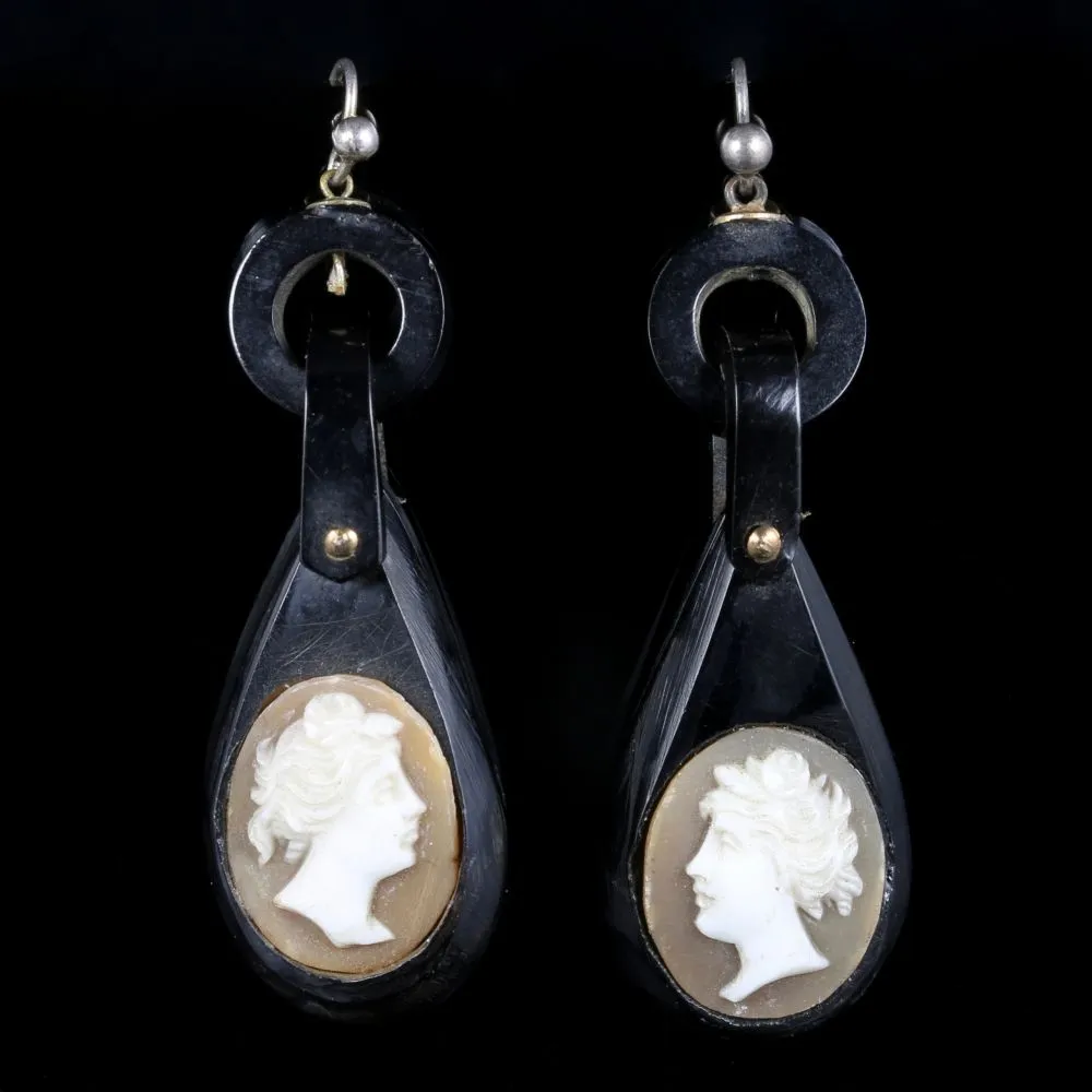 Antique Victorian Cameo Whitby Jet Earrings Circa 1860