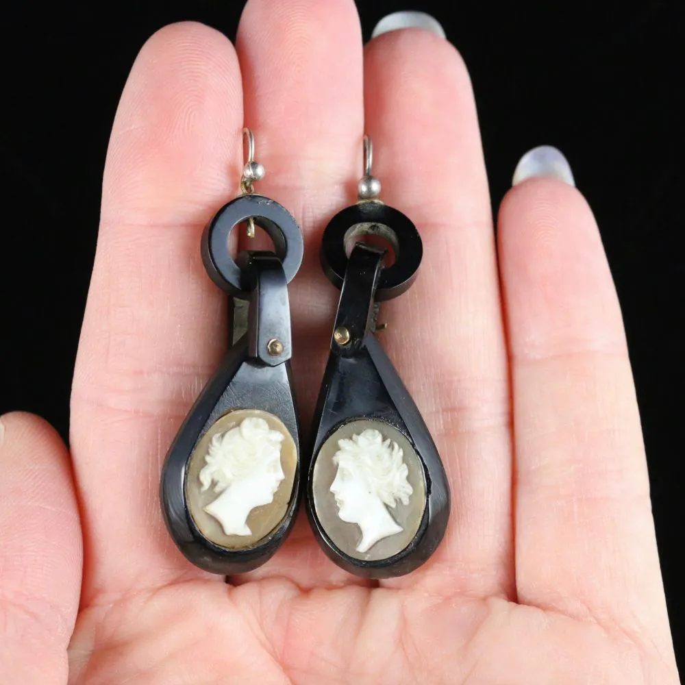 Antique Victorian Cameo Whitby Jet Earrings Circa 1860