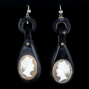 Antique Victorian Cameo Whitby Jet Earrings Circa 1860