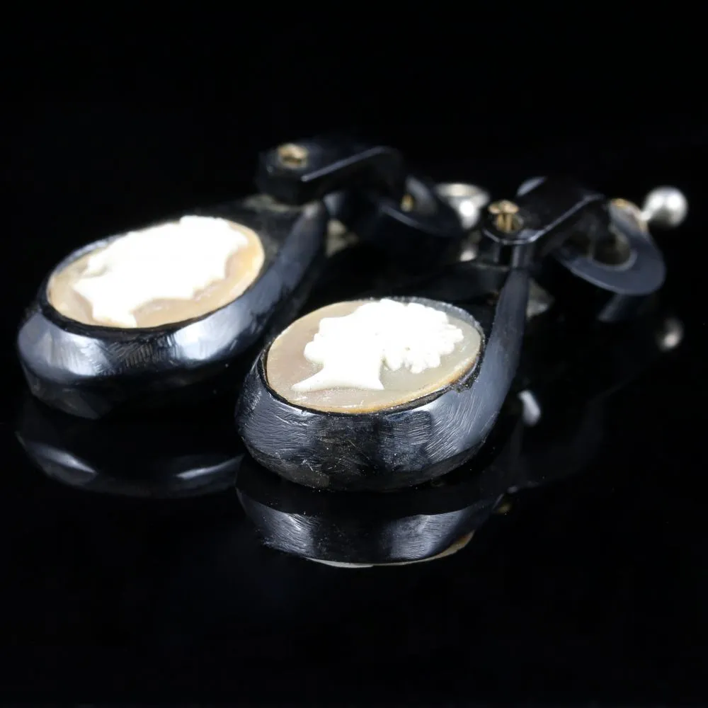 Antique Victorian Cameo Whitby Jet Earrings Circa 1860