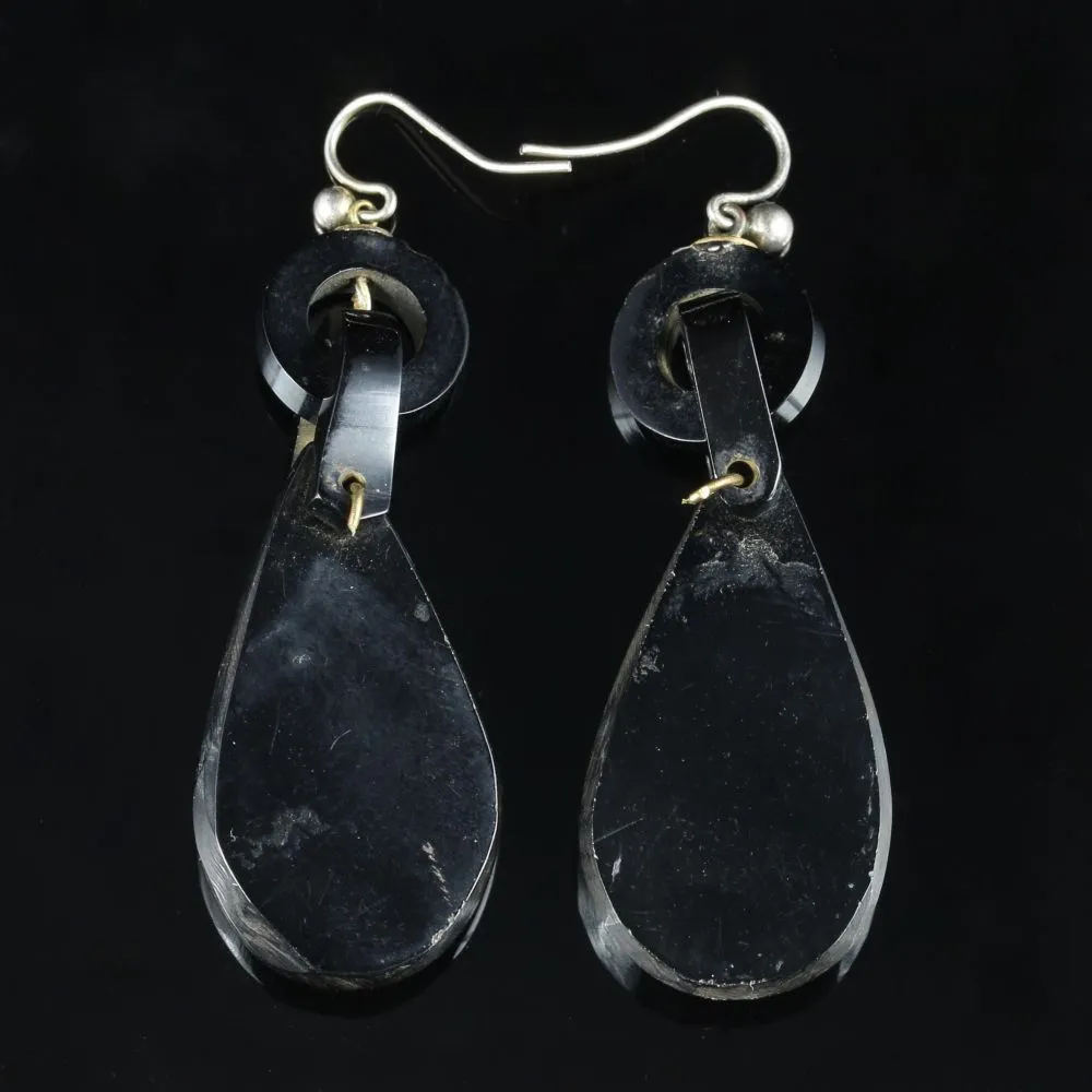 Antique Victorian Cameo Whitby Jet Earrings Circa 1860