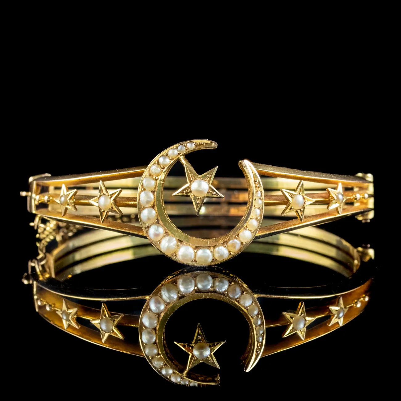 Antique Victorian Celestial Crescent Pearl Bangle 18ct Gold With Box