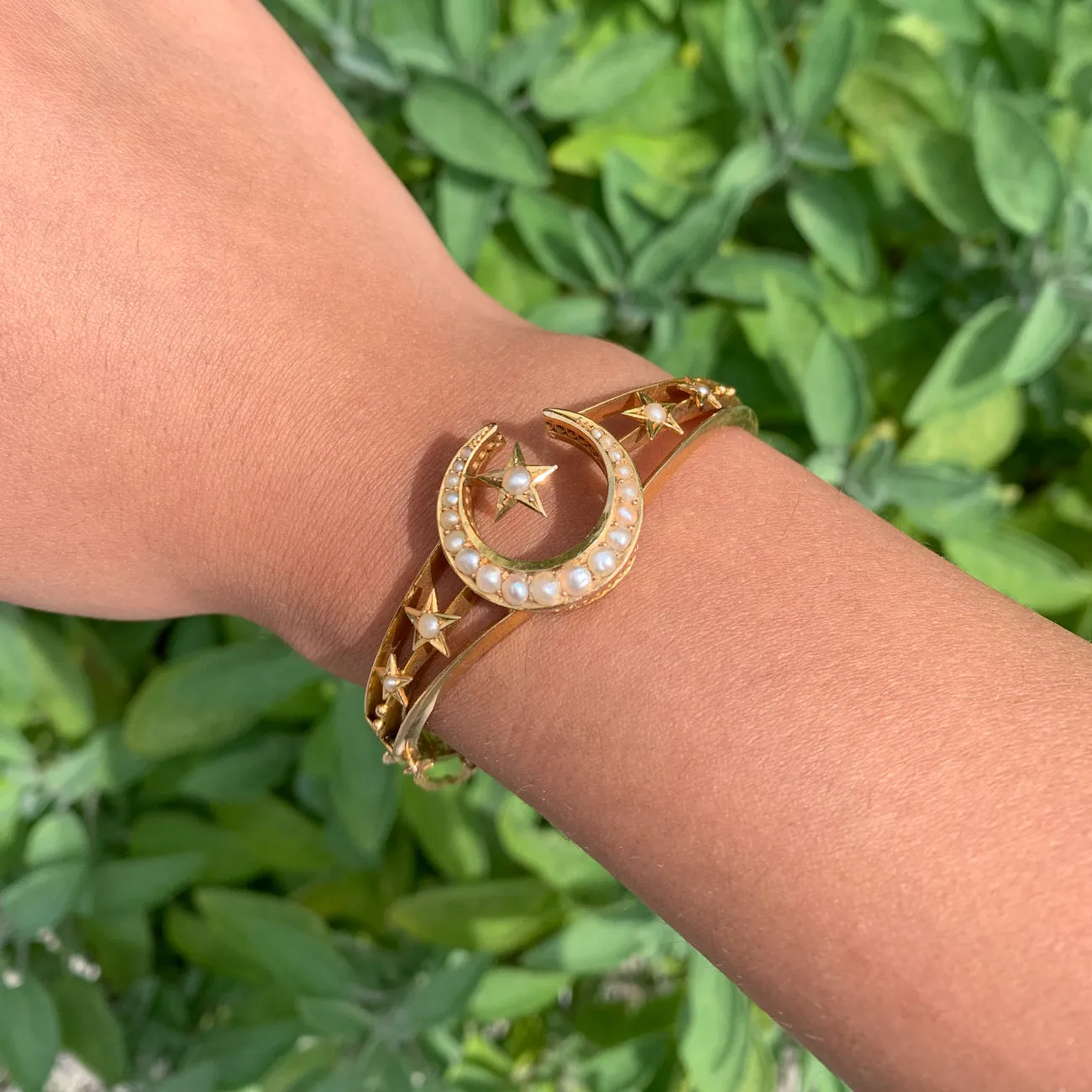 Antique Victorian Celestial Crescent Pearl Bangle 18ct Gold With Box