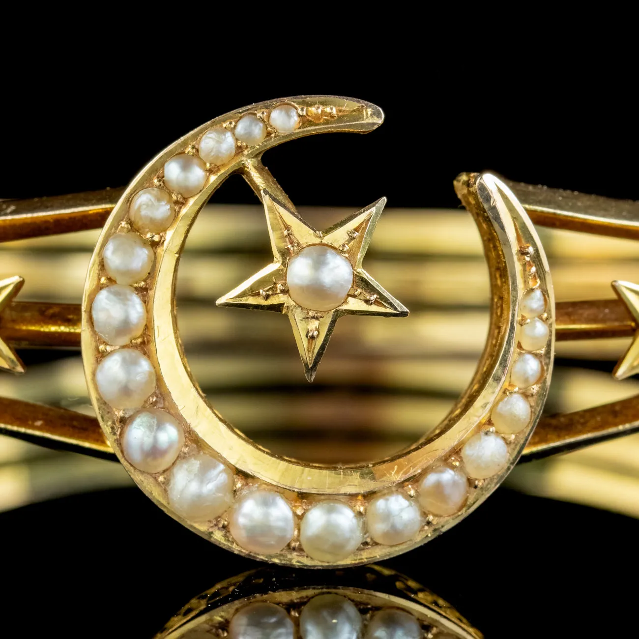 Antique Victorian Celestial Crescent Pearl Bangle 18ct Gold With Box