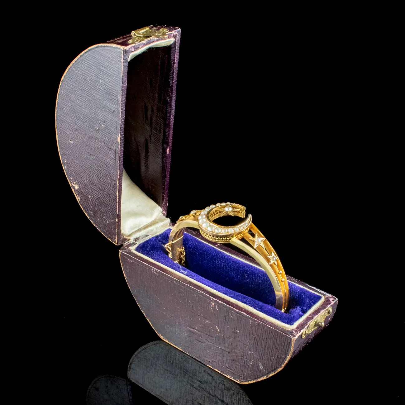 Antique Victorian Celestial Crescent Pearl Bangle 18ct Gold With Box