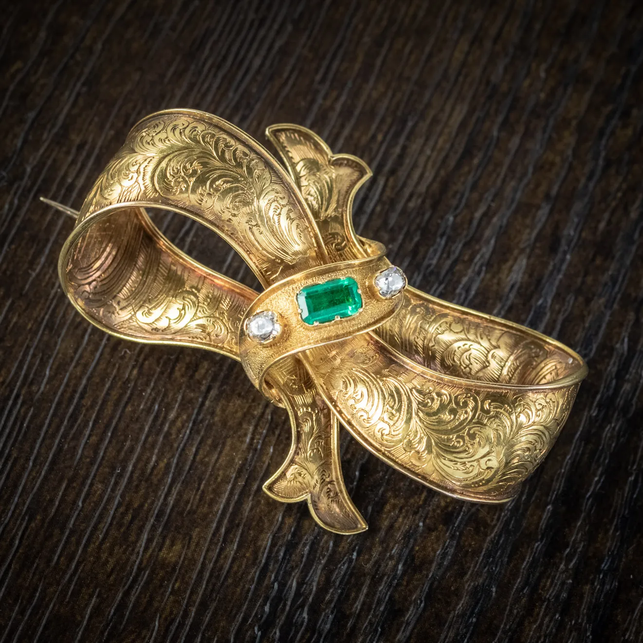 Antique Victorian Emerald Diamond Bow Brooch 18Ct Gold Boxed Circa 1880
