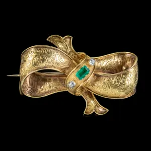 Antique Victorian Emerald Diamond Bow Brooch 18Ct Gold Boxed Circa 1880