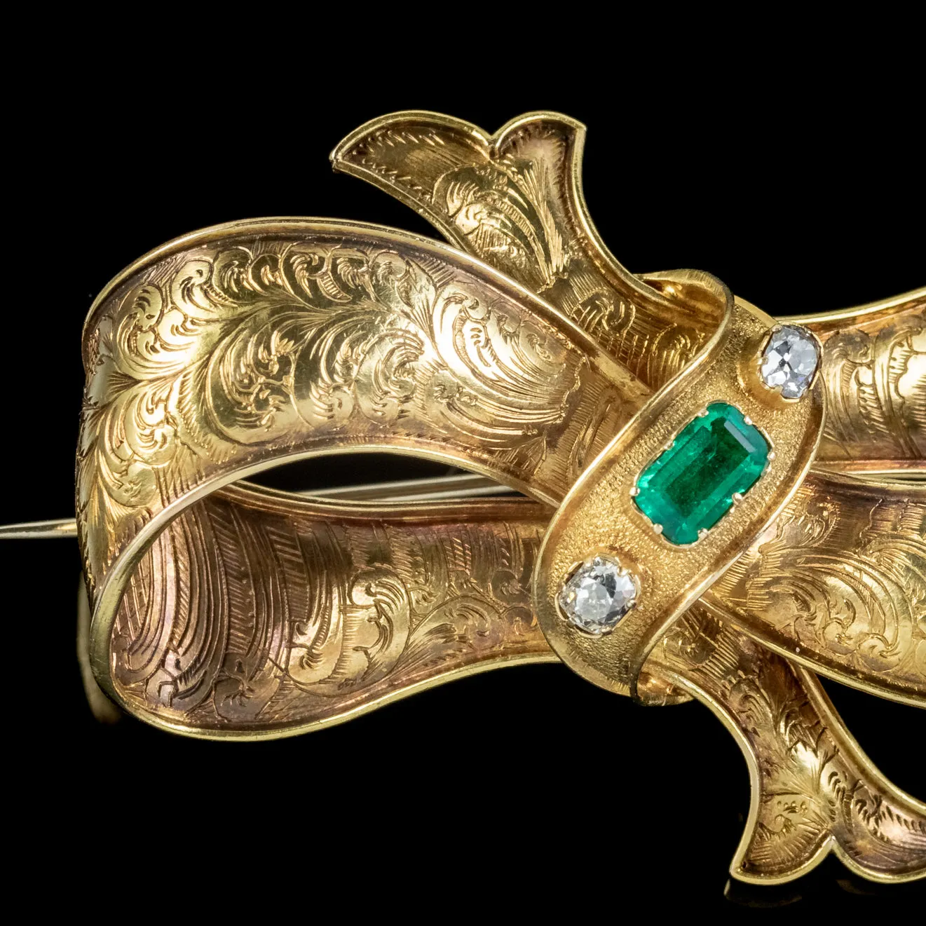 Antique Victorian Emerald Diamond Bow Brooch 18Ct Gold Boxed Circa 1880