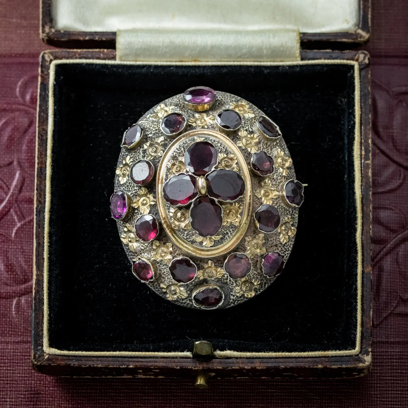 Antique Victorian French Garnet Brooch Silver Gold Gilt