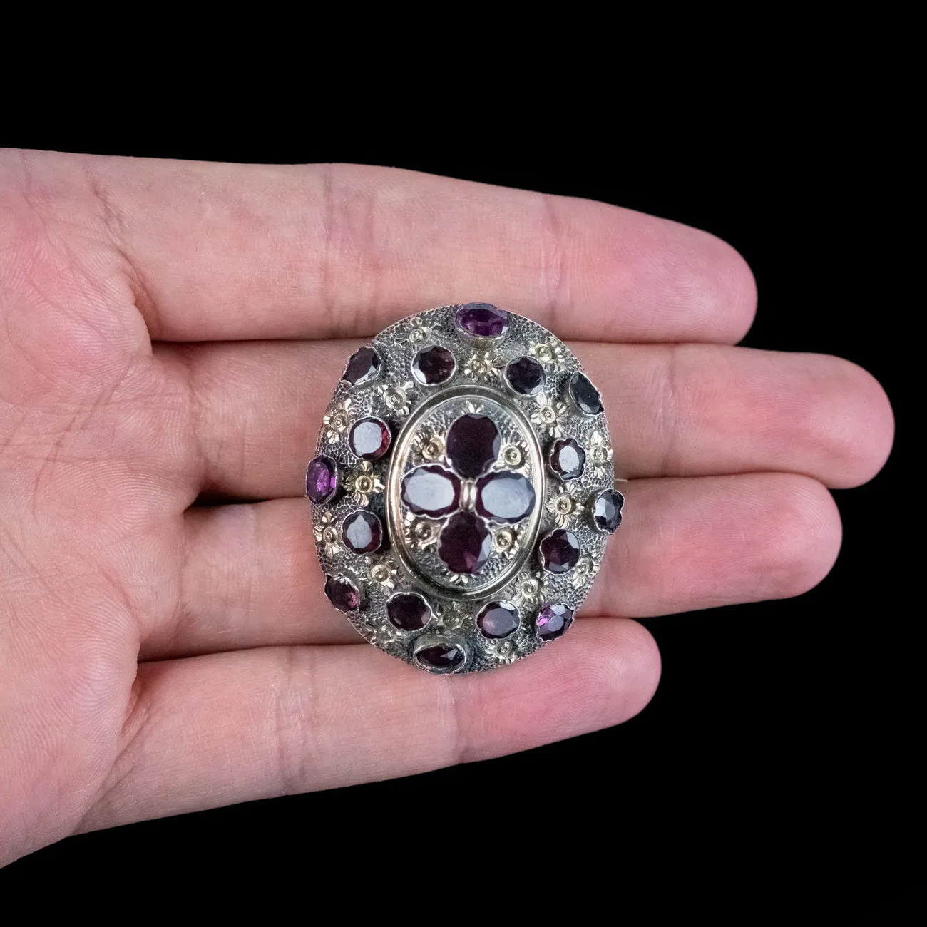 Antique Victorian French Garnet Brooch Silver Gold Gilt