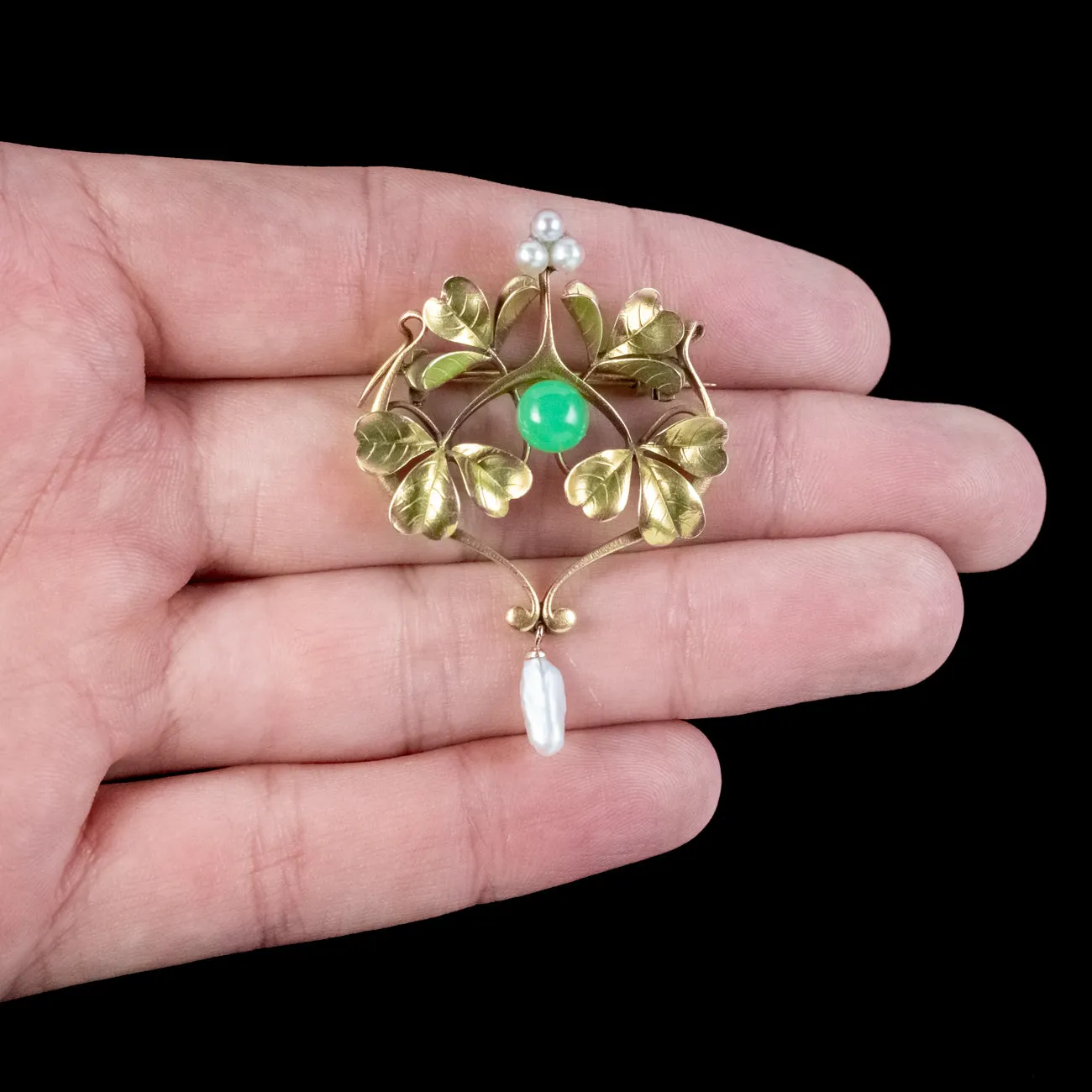 Antique Victorian French Jade Pearl Brooch 18ct Gold