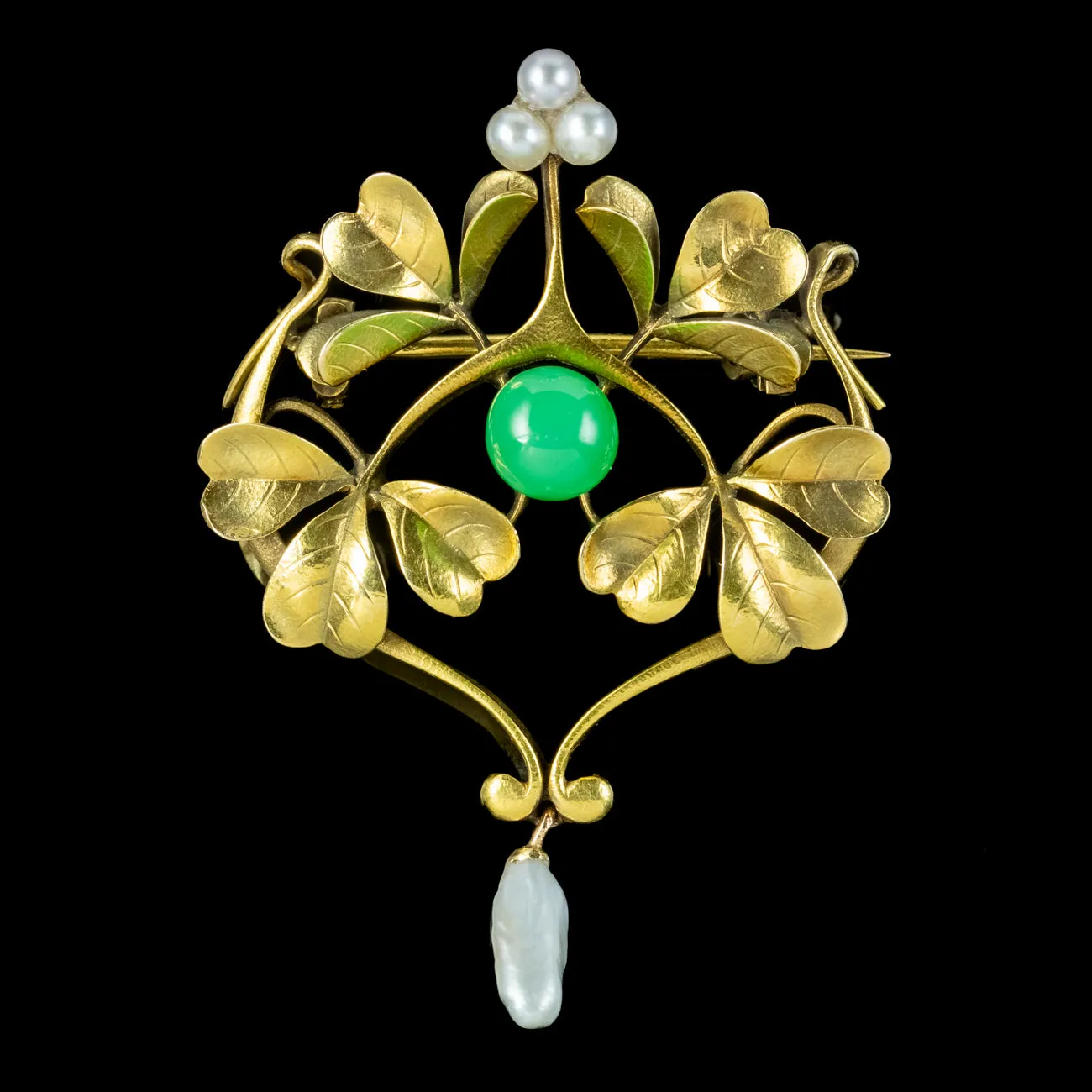 Antique Victorian French Jade Pearl Brooch 18ct Gold