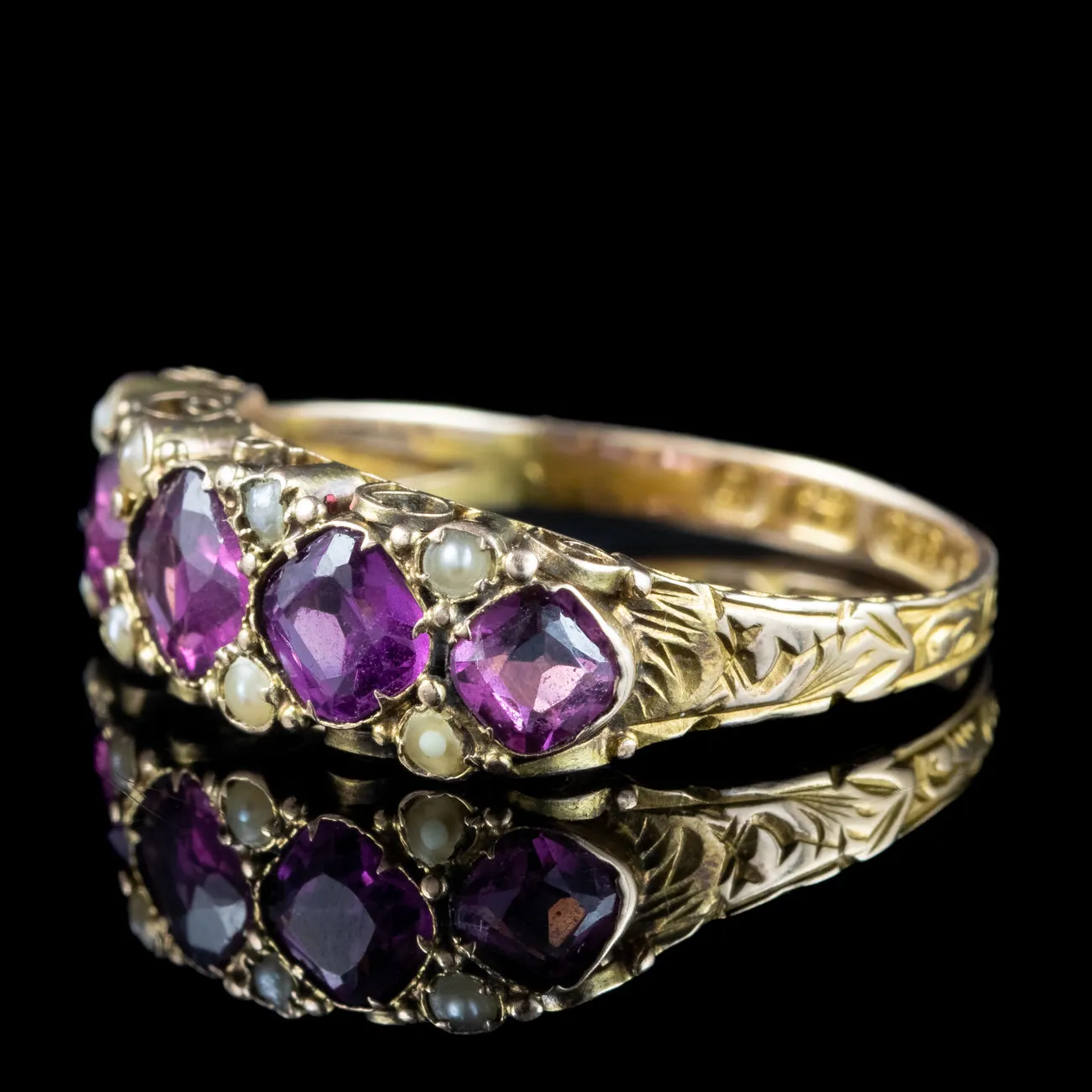 Antique Victorian Garnet Pearl Five Stone Ring Dated 1873