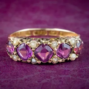 Antique Victorian Garnet Pearl Five Stone Ring Dated 1873