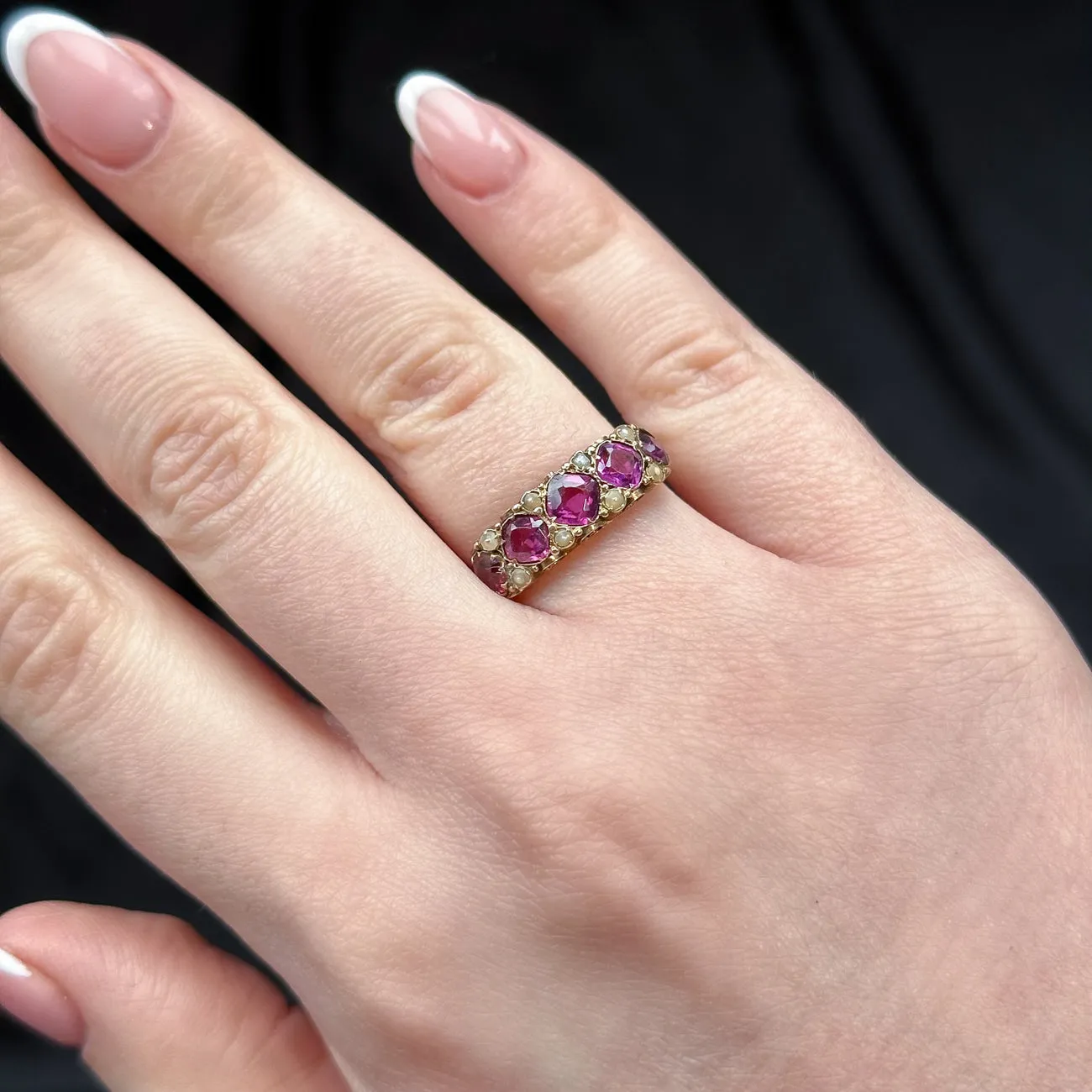 Antique Victorian Garnet Pearl Five Stone Ring Dated 1873