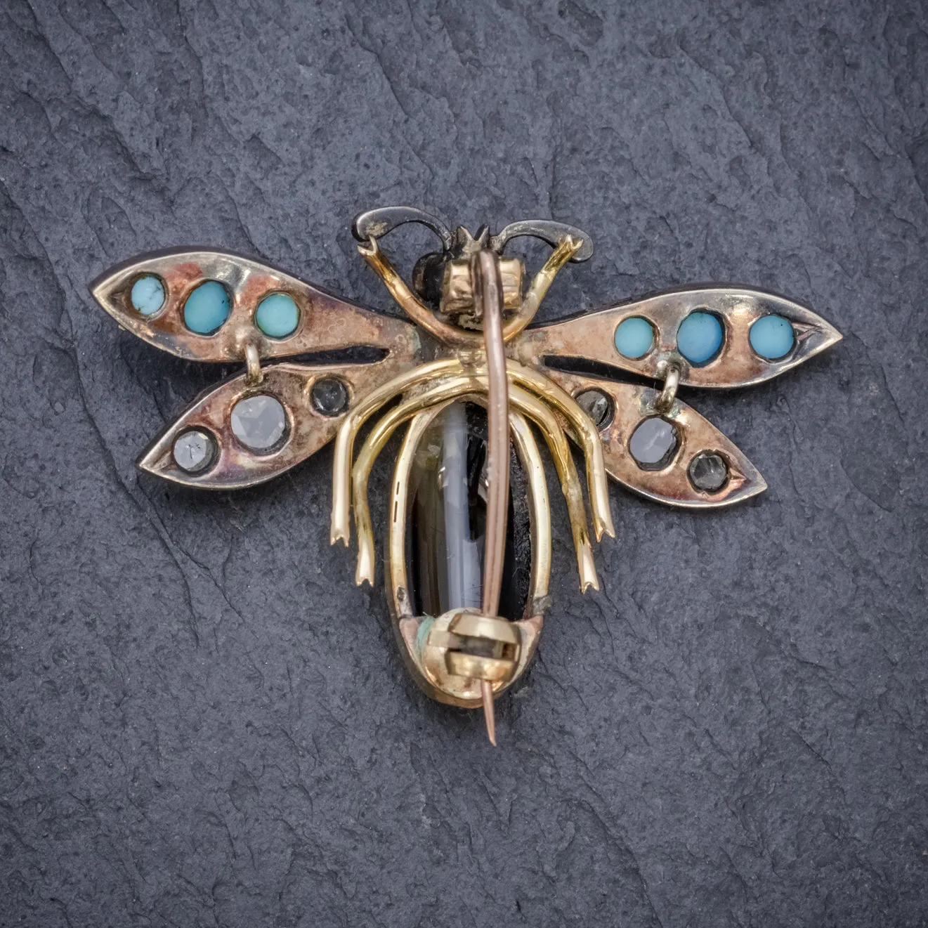 Antique Victorian Insect Brooch Diamond Turquoise Pearl Agate Silver 18Ct Gold Circa 1880
